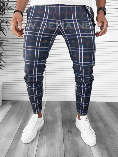 Pantaloni barbati casual regular fit bleumarin in carouri B7948 21-3.2